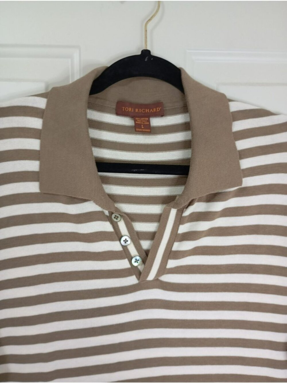 Tori Richard Mens Brown & White Striped Short Sleeve Polo Shirt Size L 100% Cott - Picture 3 of 8